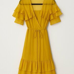 Reformation Ruffle-Sleeve Midi Wrap Dress – Golden Mustard, Size S
